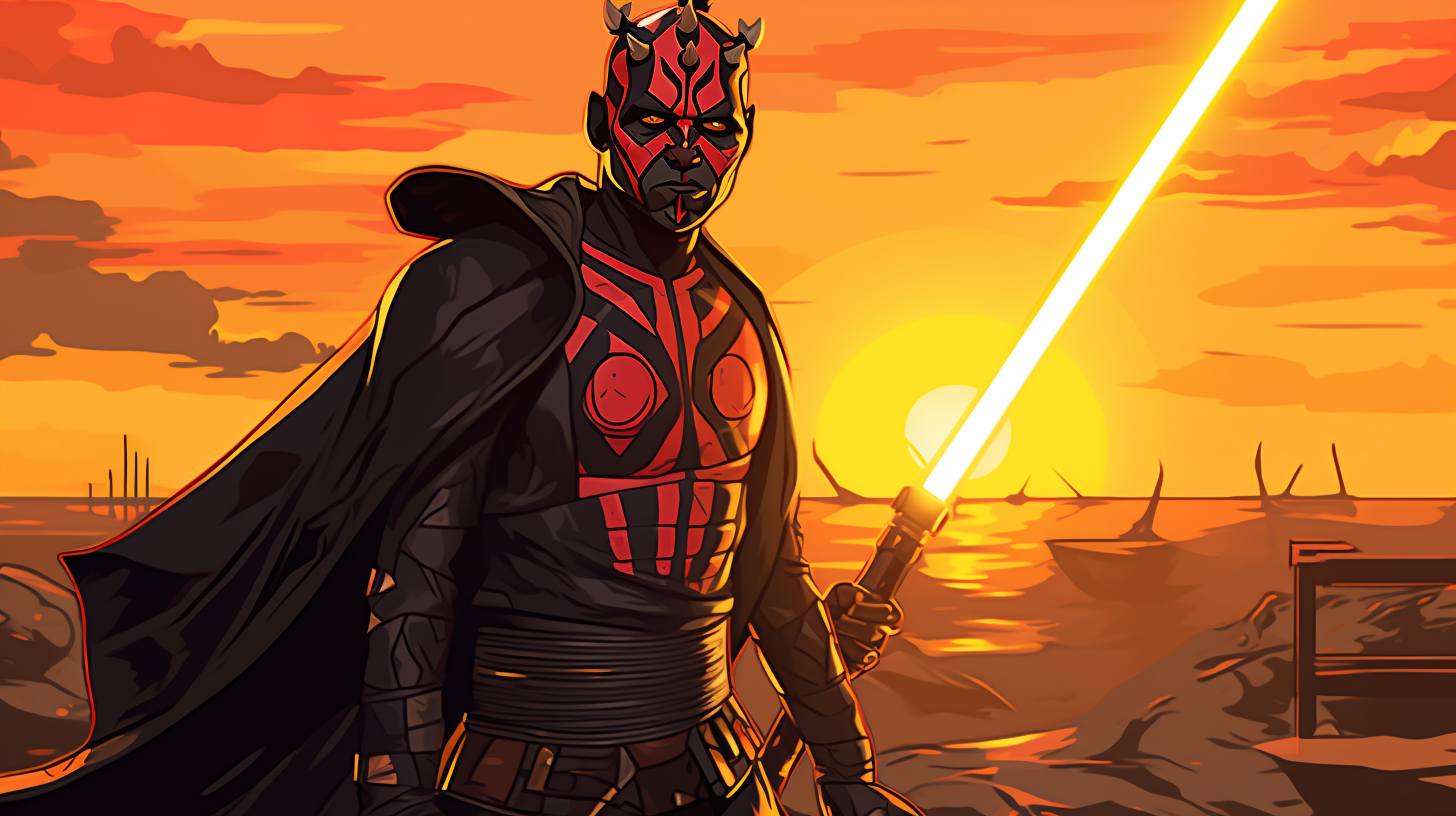 Darth Maul wielding yellow lightsaber on Tatooine