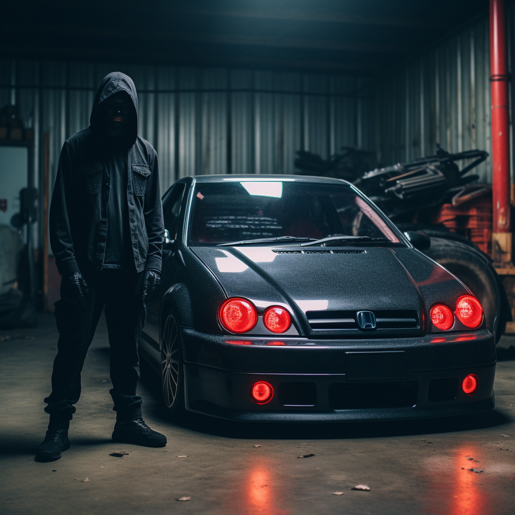 Darth Vader standing next to a black Honda Civic