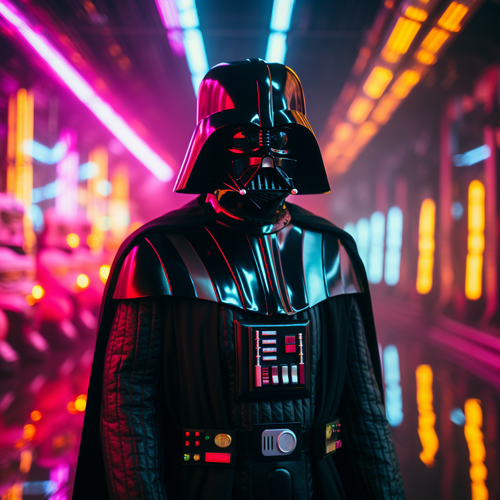 Darth Vader standing in front of neon lights