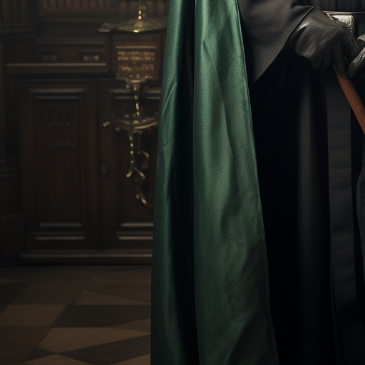 Darth Vader in Hogwarts robes before a Slytherin banner