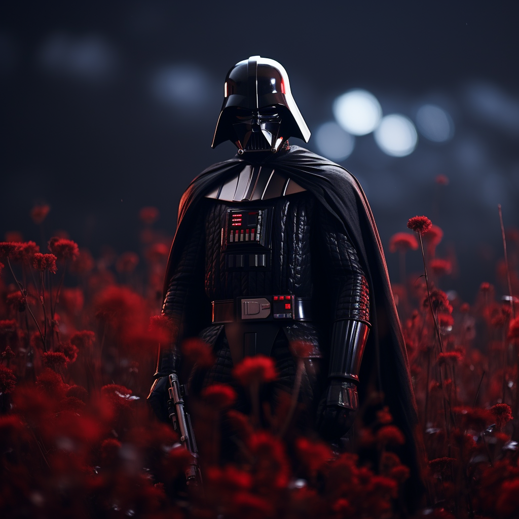 Darth Vader holding red lightsaber in flower field