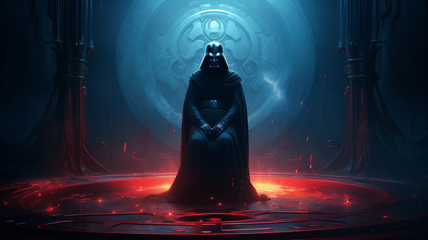 Darth Vader kneeling, Emperor Palpatine walking through portal.