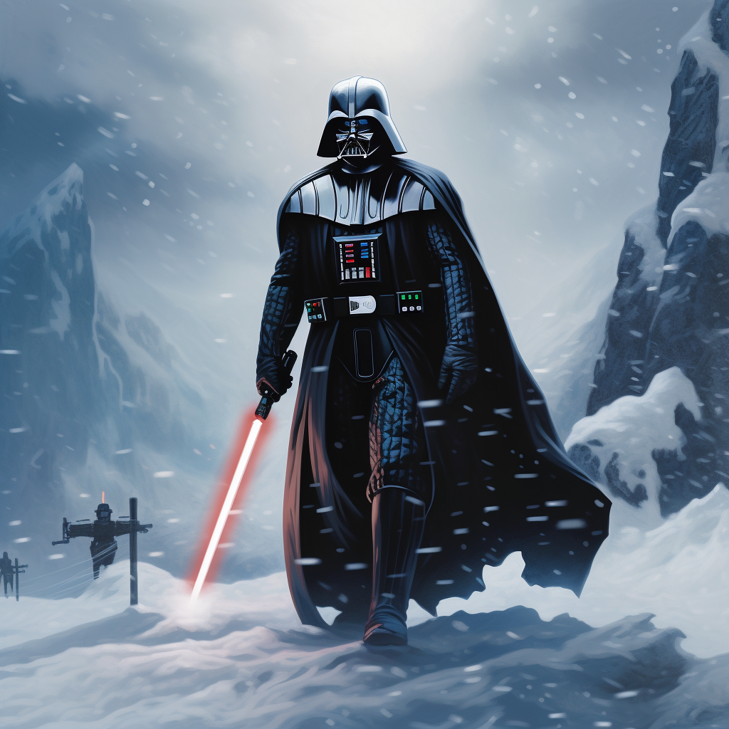 Darth Vader wielding lightsaber in snow