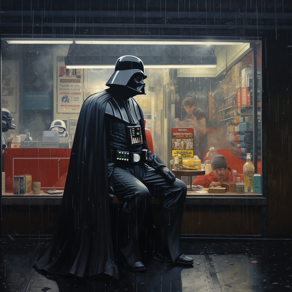 Darth Vader in Pawn Shop in Space Raining People