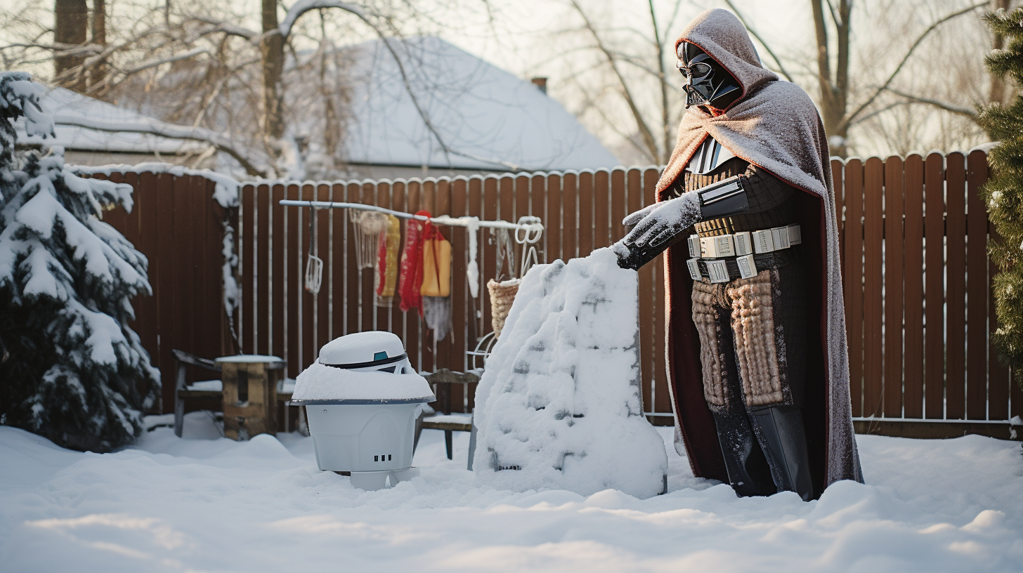 Darth Vader building snowman with Stormtrooper helmet head