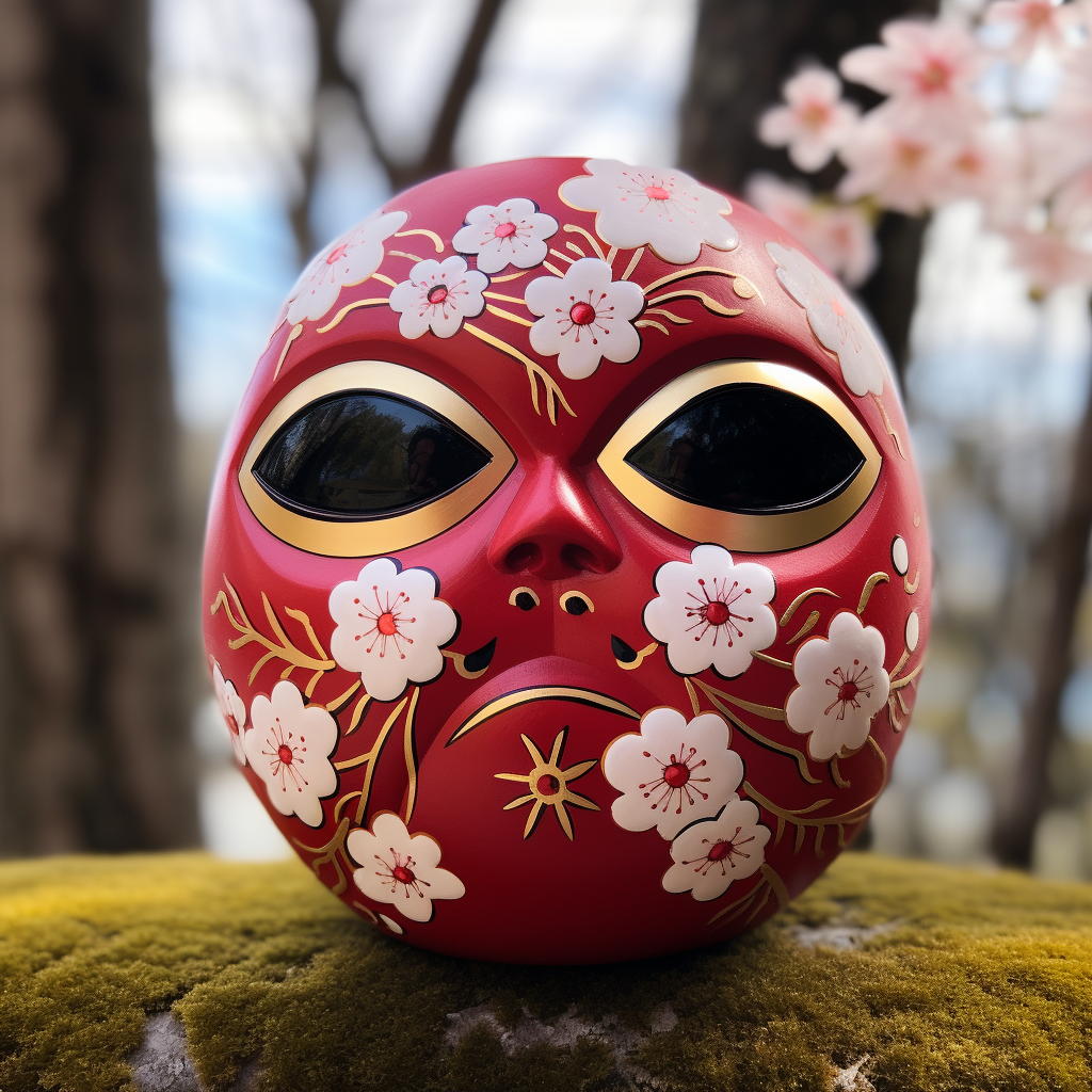 Daruma Doll surrounded by cherry blossoms