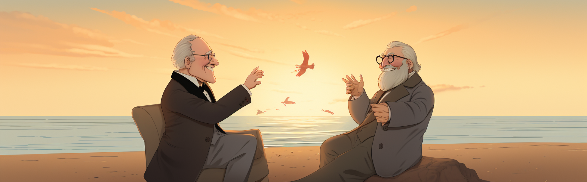 Charles Darwin and Friedrich Nietzsche laughing on a beach