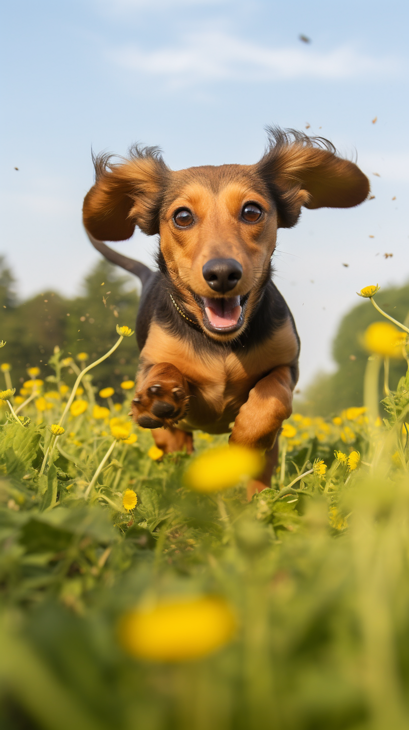 Energetic Daschund Dog Running in a Field