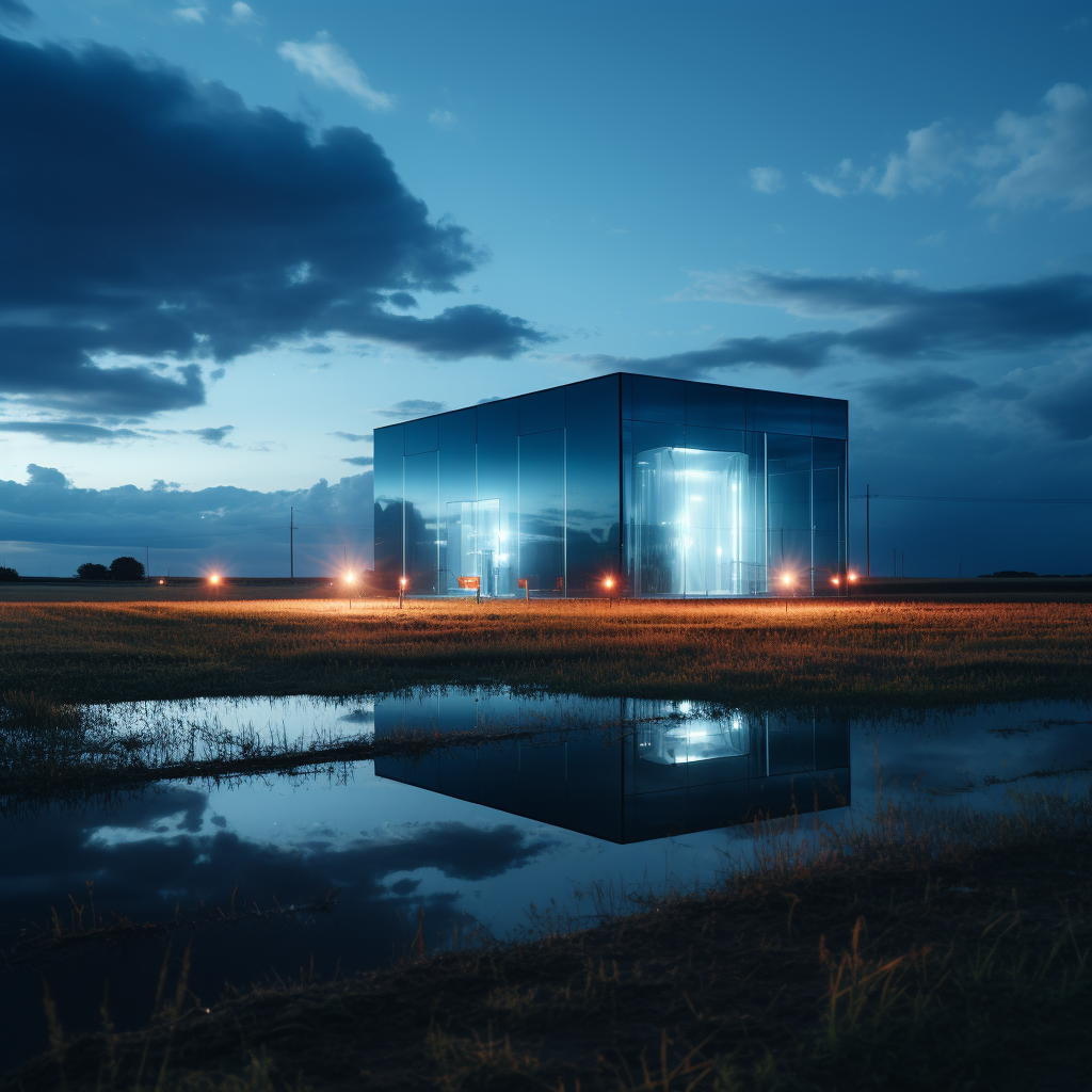 White outlined data center building with glow on blank field