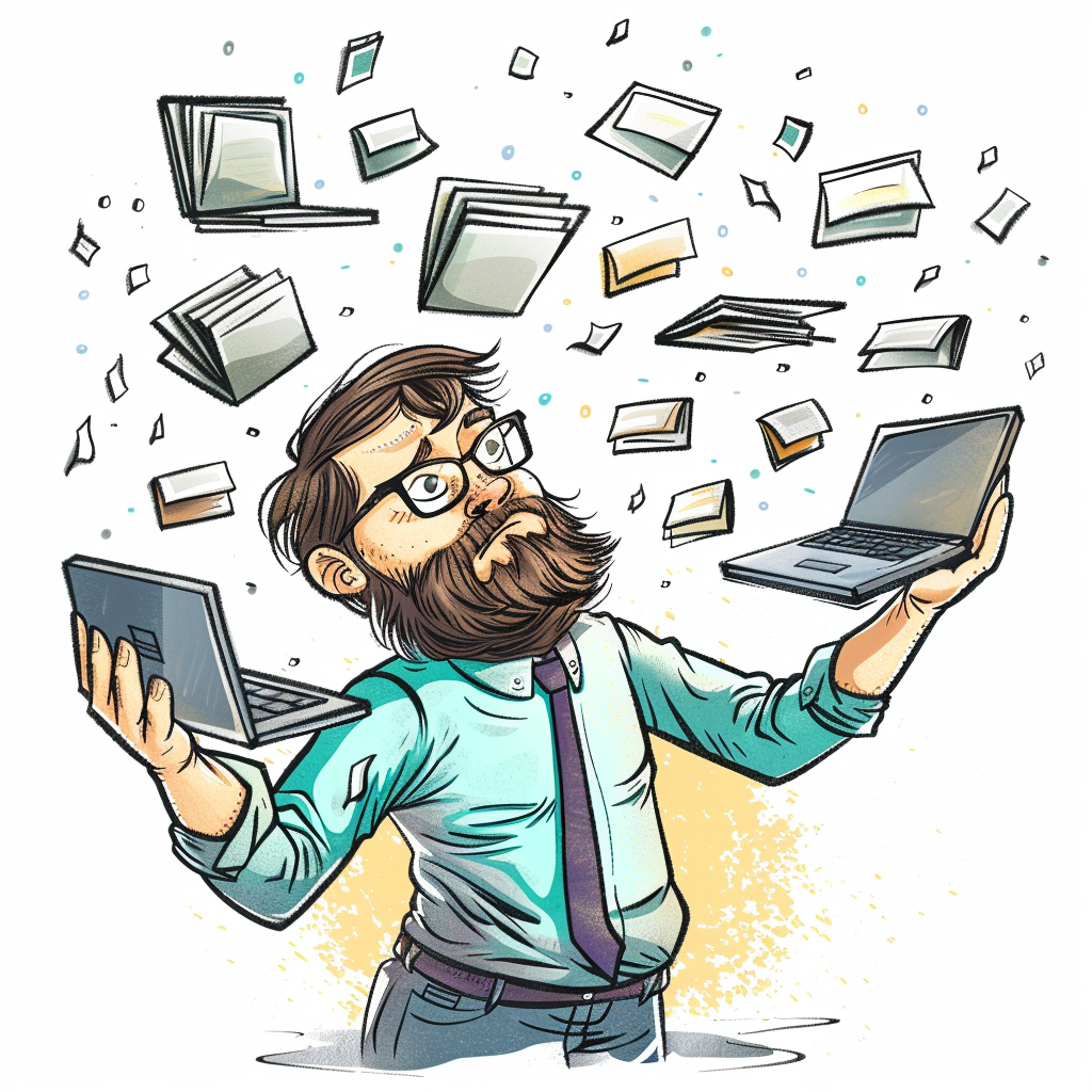 Cartoon data engineer juggling files