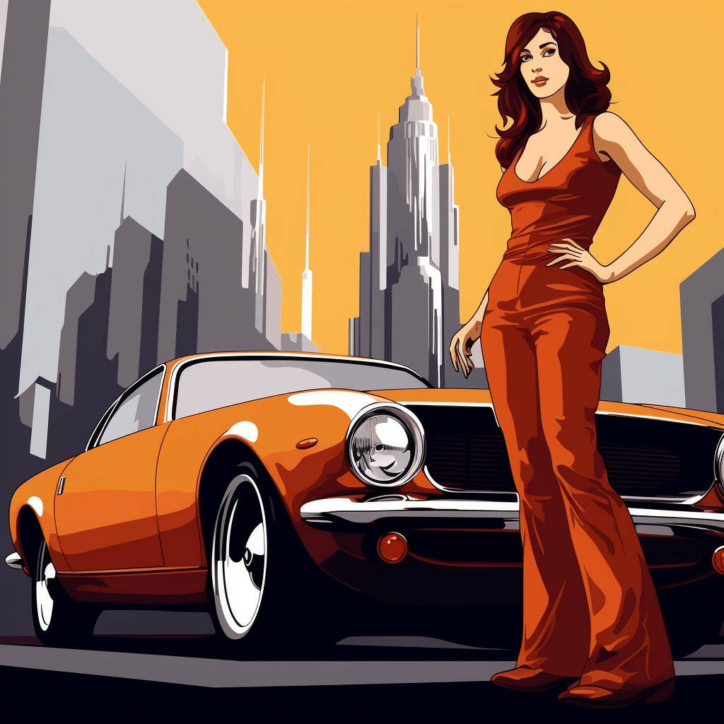 Anime-style Faye standing in front of classic Datsun Z car