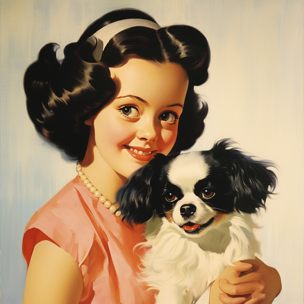 Daughter with Japanese Chin Puppy in Vintage Ad