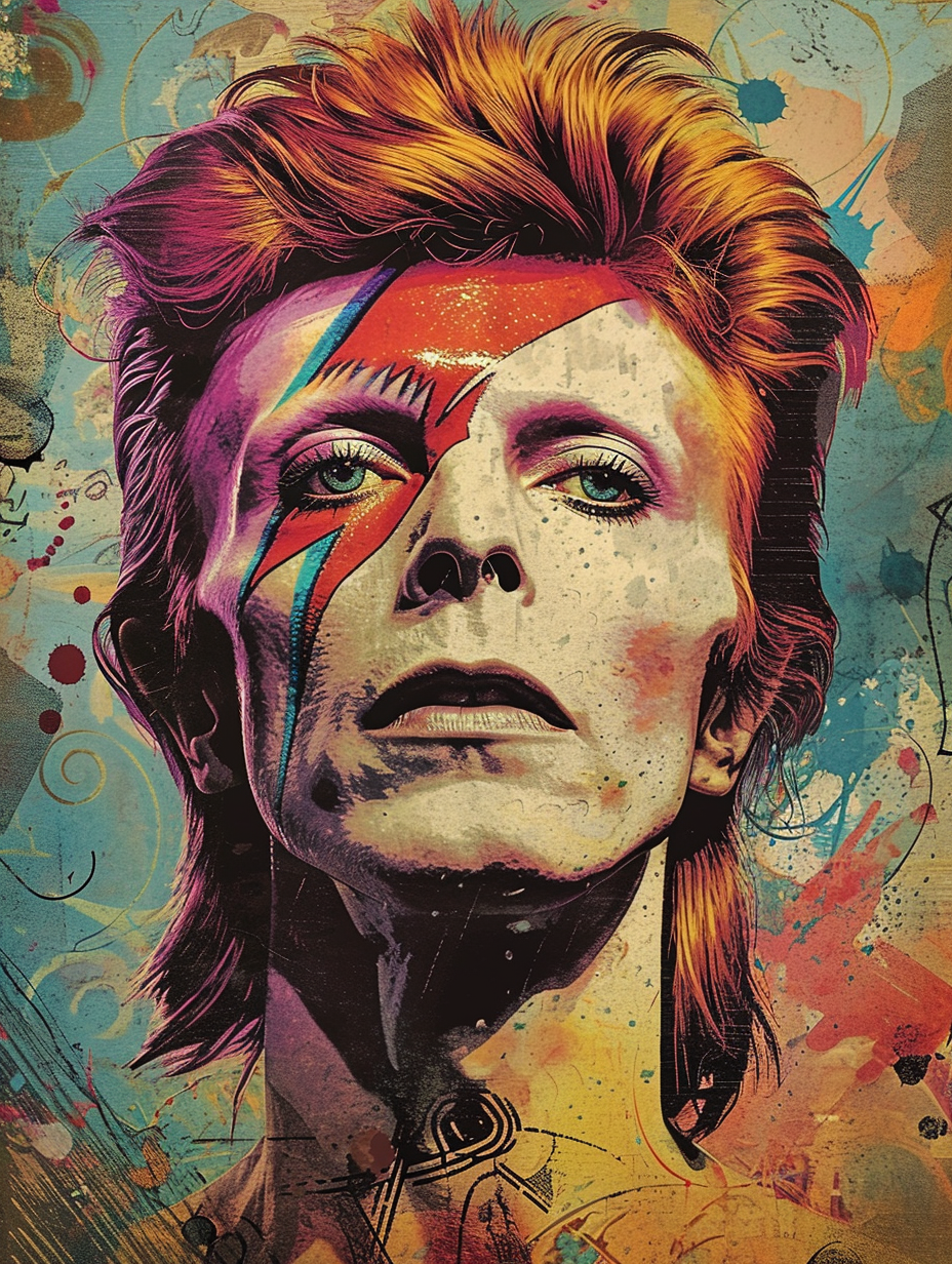 David Bowie psychedelic retro portrait by Martin Sharp and Moebius