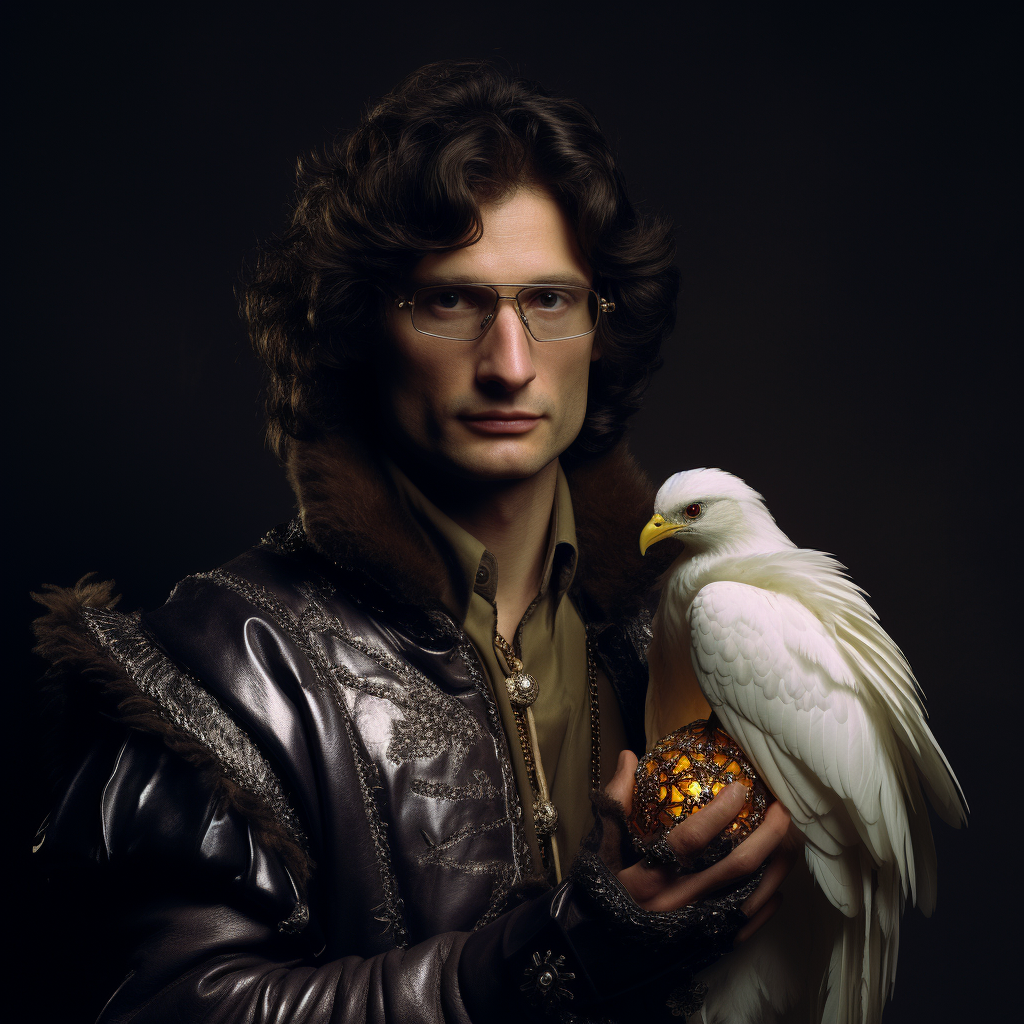 David Koresh holding a goose egg in scale mail armor