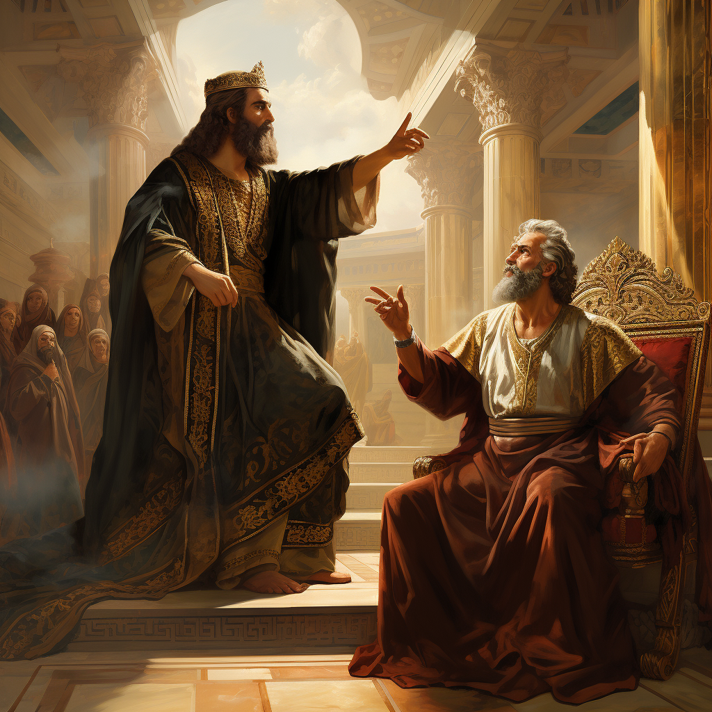 King David reprimanded by Prophet Nathan in temple