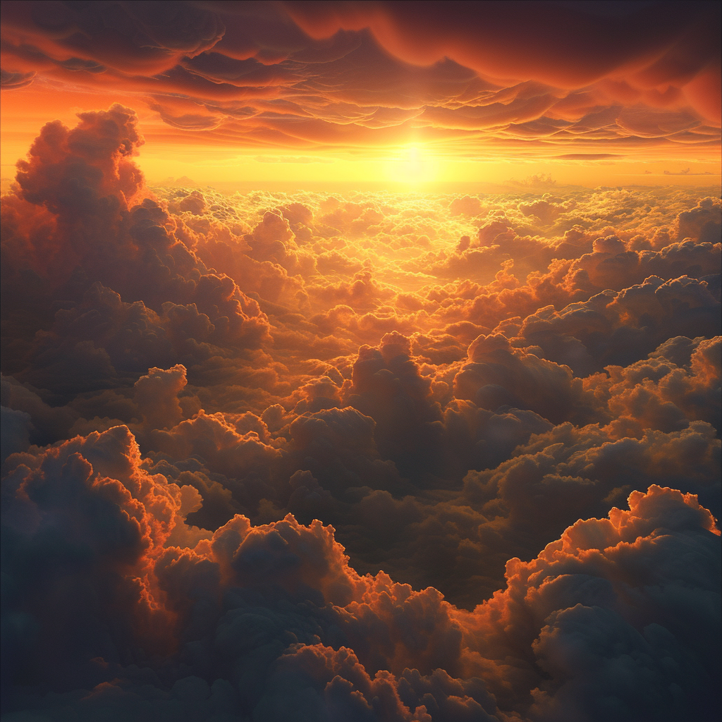 Sunset lighting above towering clouds