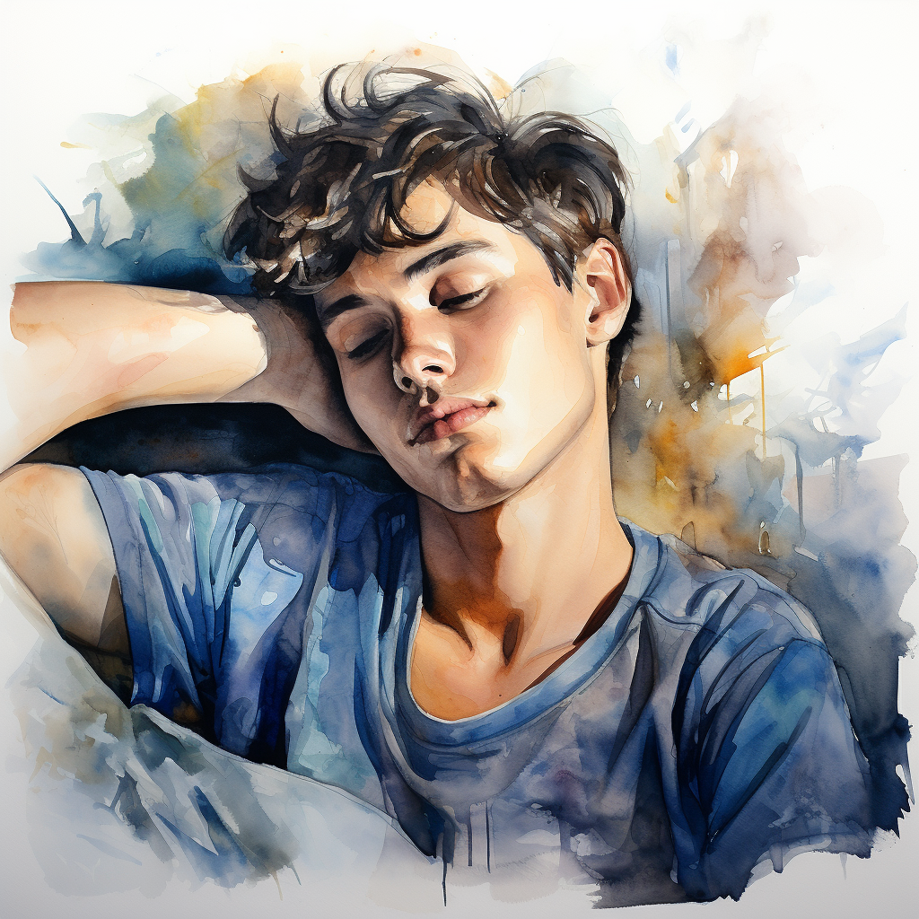 Watercolor portrait of a daydreaming young man