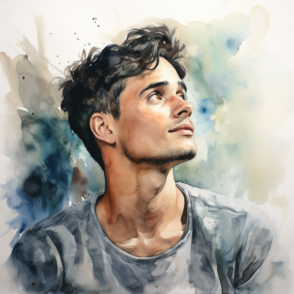 Watercolor portrait of a daydreaming young man