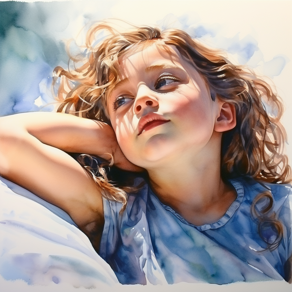 Watercolor portrait of daydreaming girl