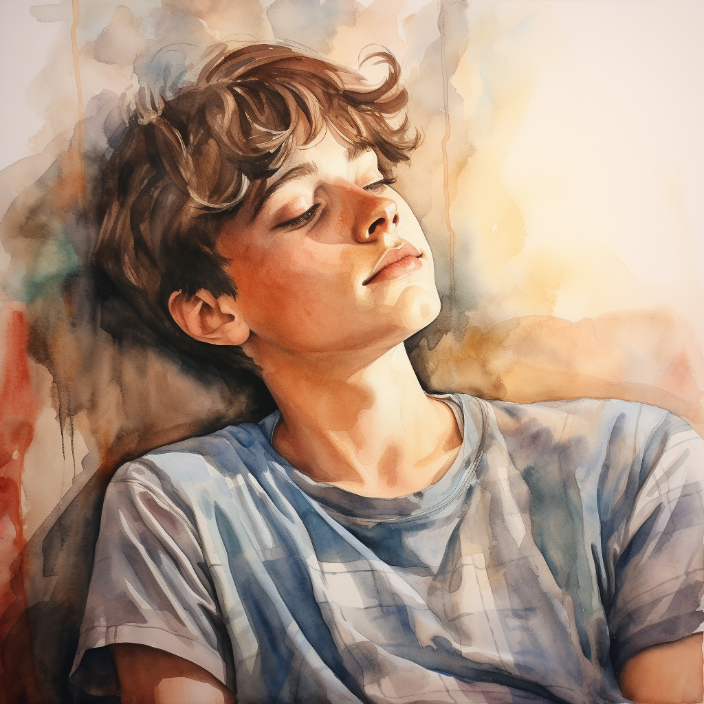 Watercolor portrait of a daydreaming boy