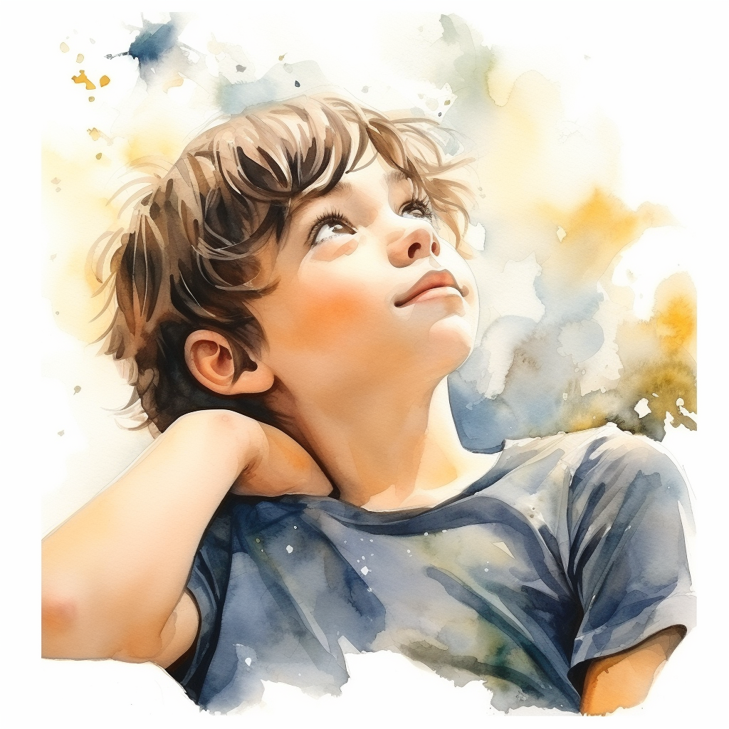 Watercolor portrait of a daydreaming kindergarten boy