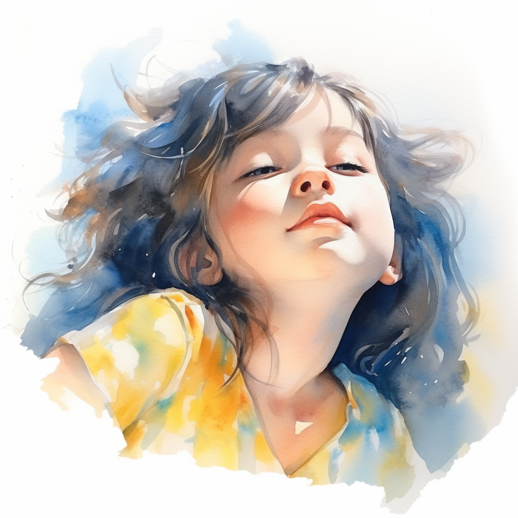 Watercolor portrait of a daydreaming kindergarten girl