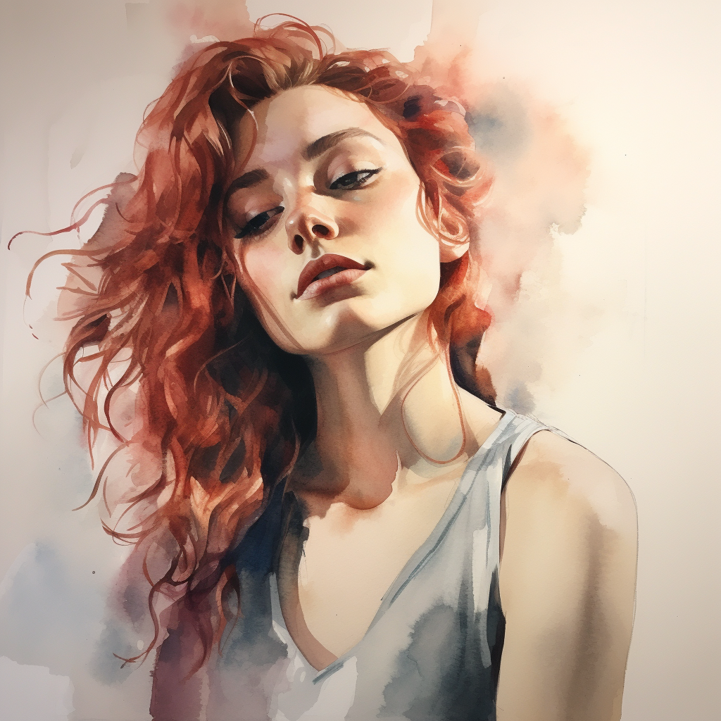 Watercolor portrait of daydreaming woman