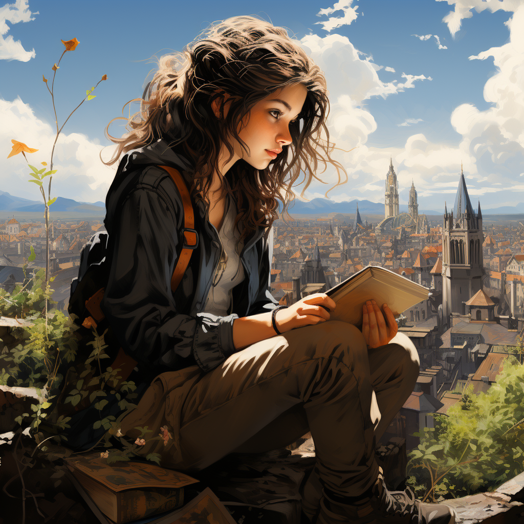 Girl Reading Books on Hill