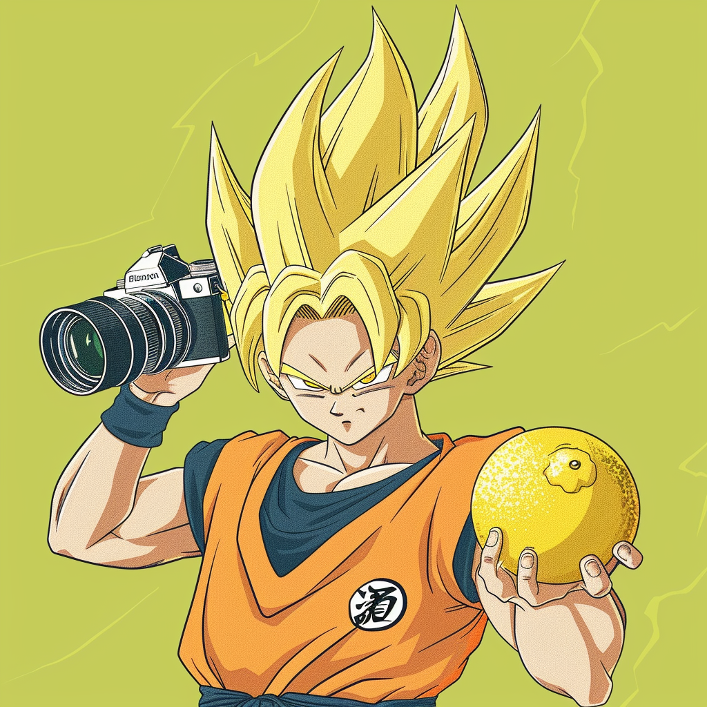 Anime character with lemon head holding camera