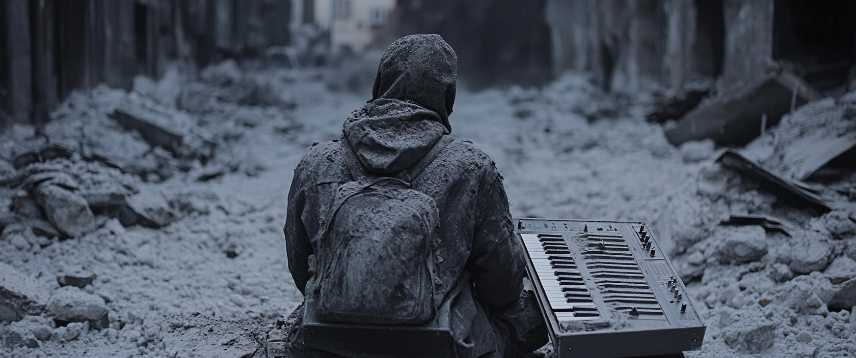 Synthesizer player covered in ashes