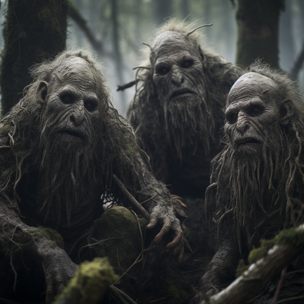 Three hairy trolls in dark forest