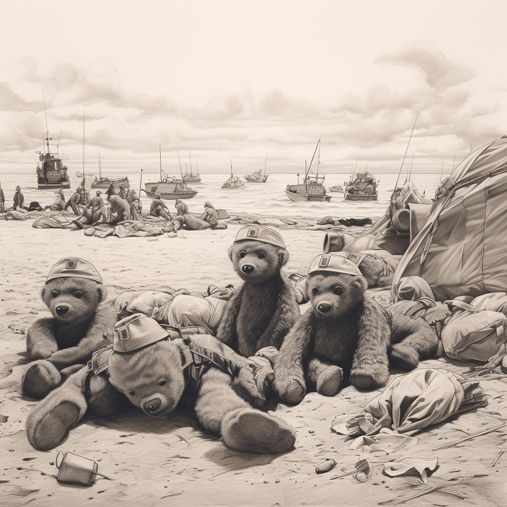 World War 2 soldiers on beach with red teddy bear