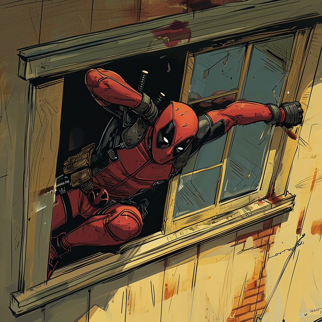 Deadpool lying on glass inside house