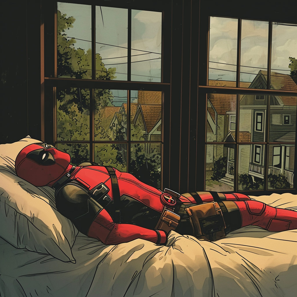 Deadpool lying outside floor-to-ceiling window