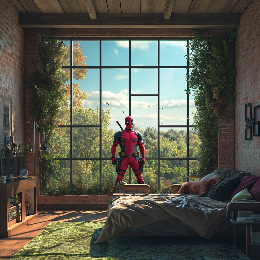 Deadpool looking out of window