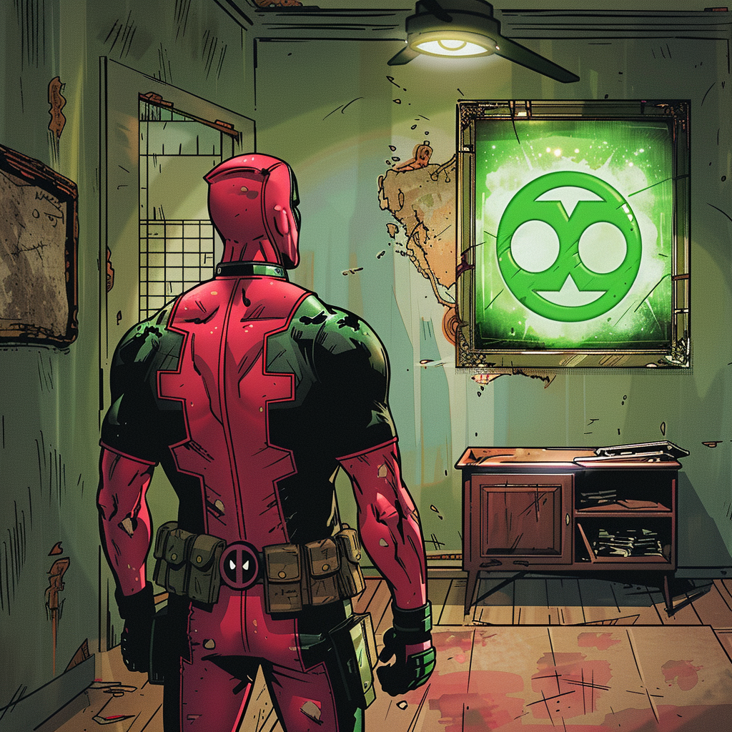 Deadpool looking at Green Lantern picture