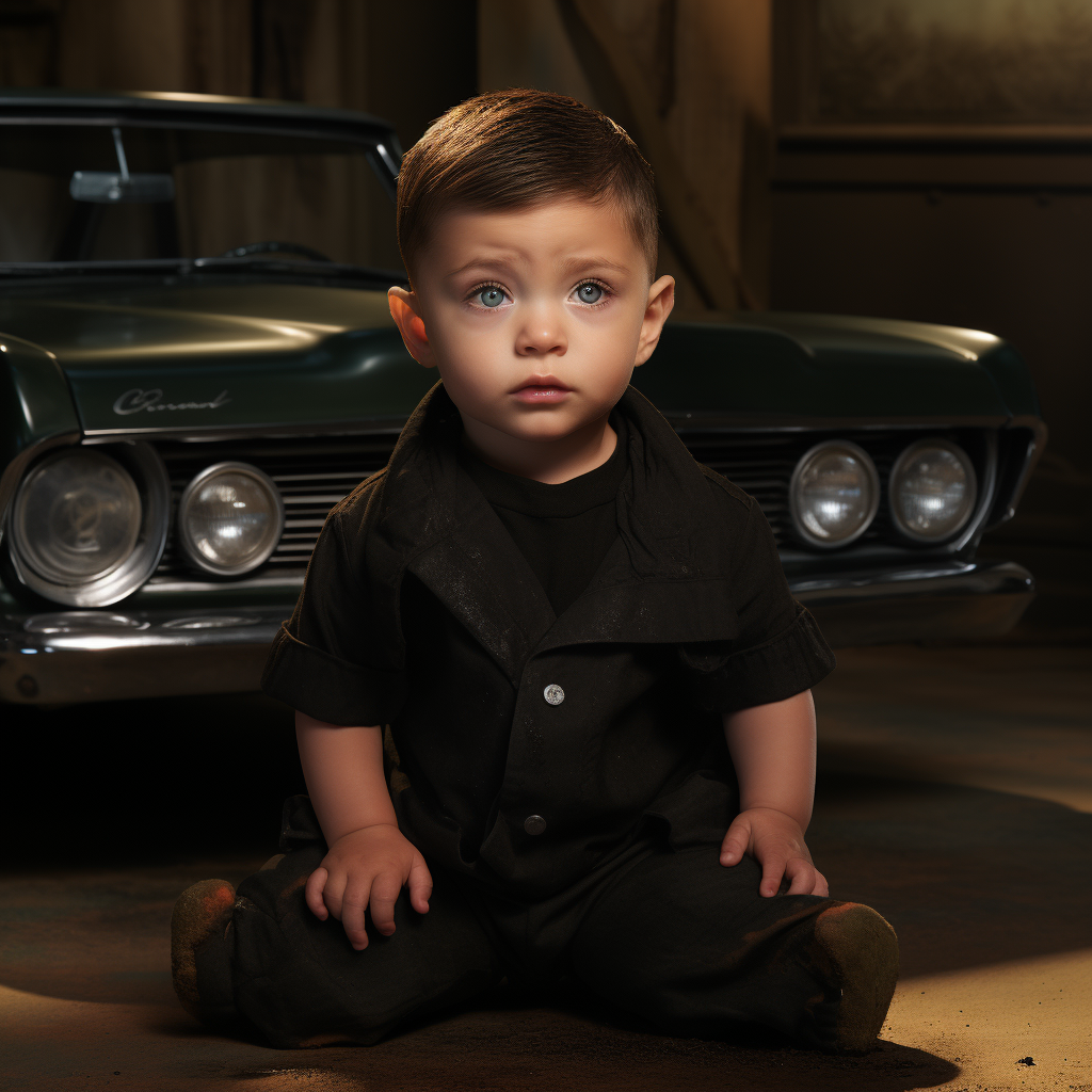 One year old Dean Winchester holding a wrench