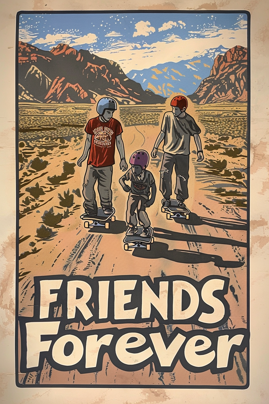 Boys skateboarding vintage travel poster