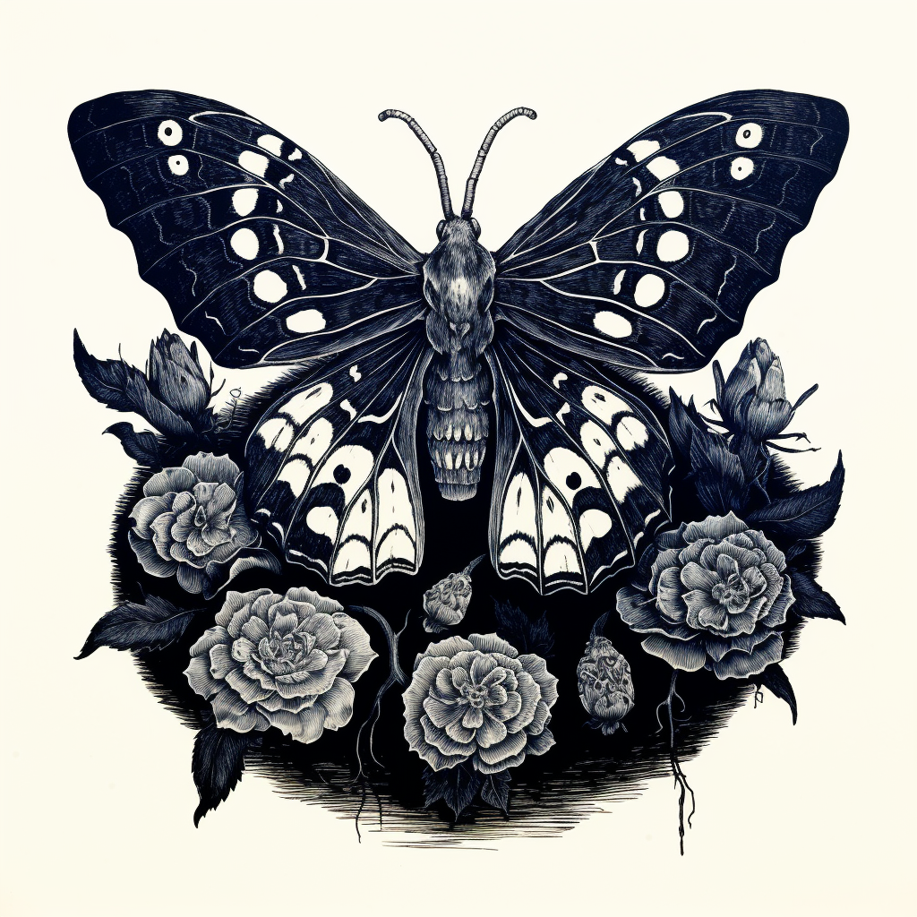 Artistic depiction of a deathshead moth on a skull