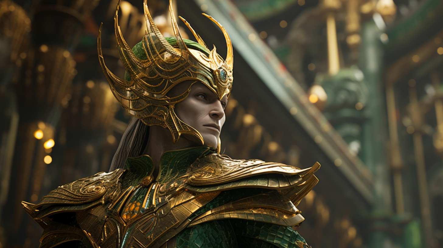 Closeup of a decadent futuristic king in green and gold