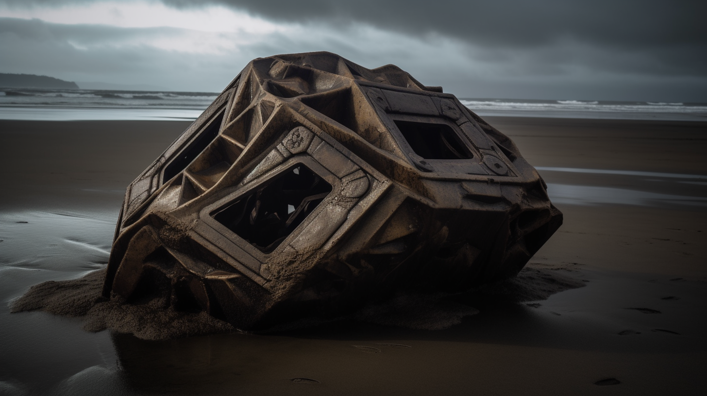 Decaying geometric alien artifact on Pacific Northwest beach