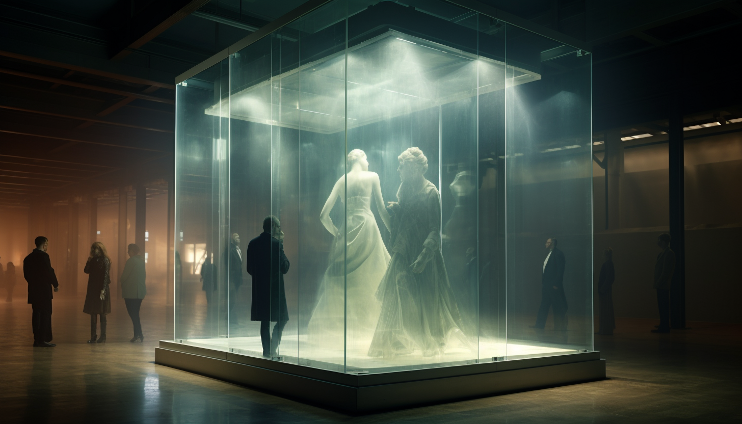 Woman enclosed in frosted glass cube in Art Deco hospital