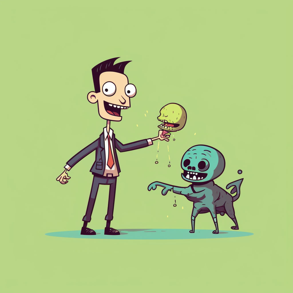 Grotesque zombie man playing fetch with cute living dog