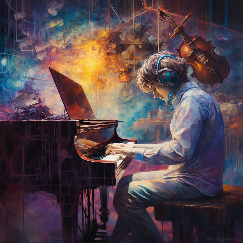 Man playing piano in deep jewel tones