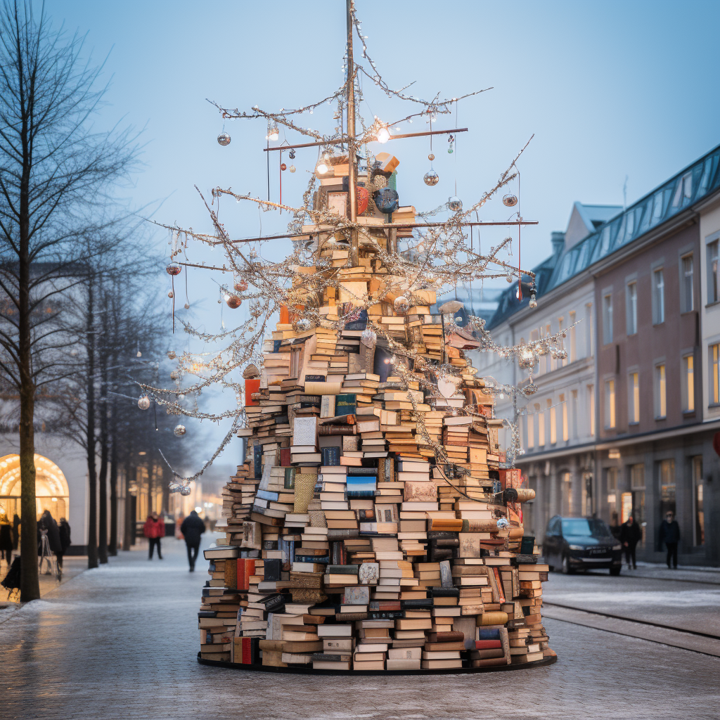 Beautiful Christmas tree decorated with books