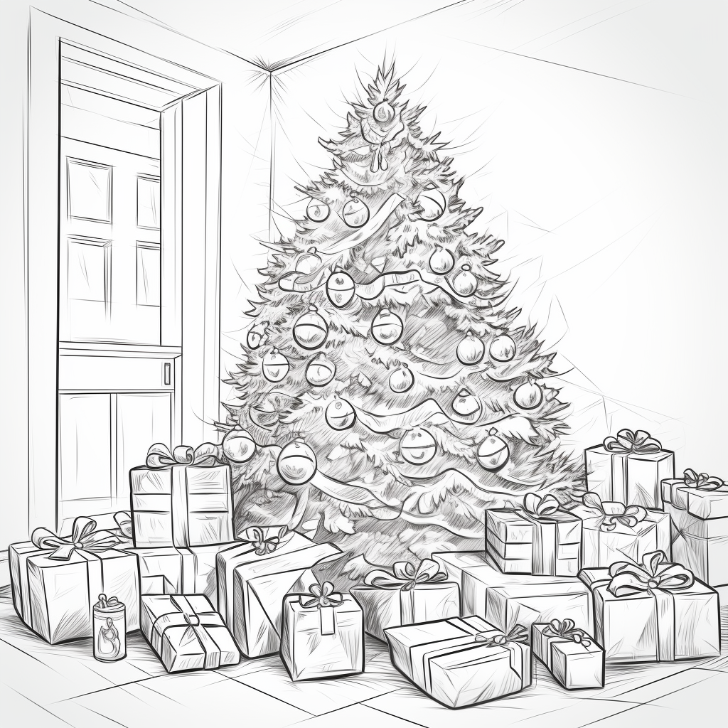 Simple black line drawing of a decorated Christmas tree