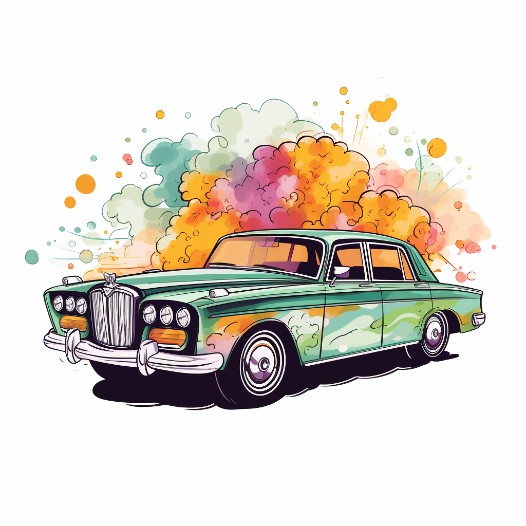 Decorated wedding car with smoke bombs