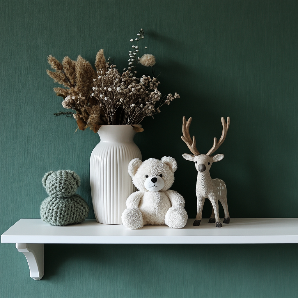 White Shelf with Teddy Bear, Flower Vase, Reindeer