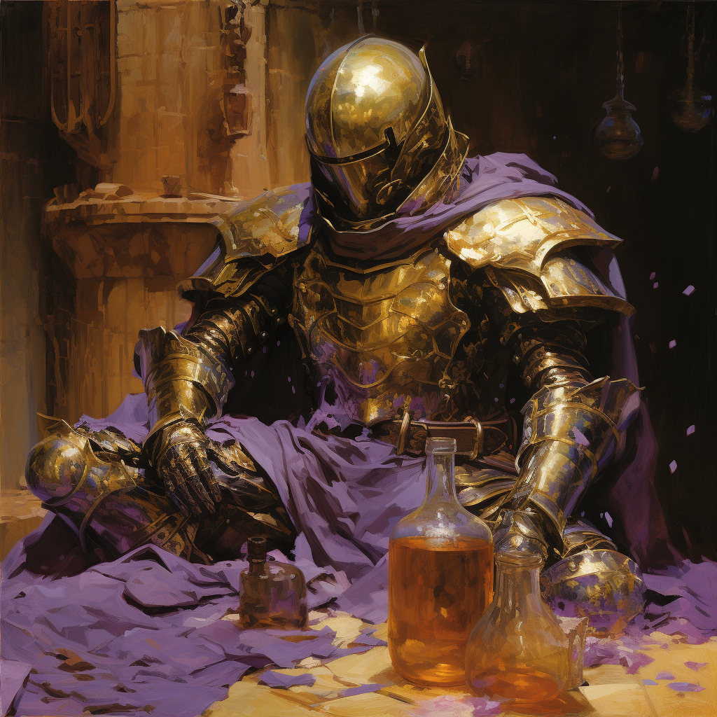 Decrepit gold armor with purple potion