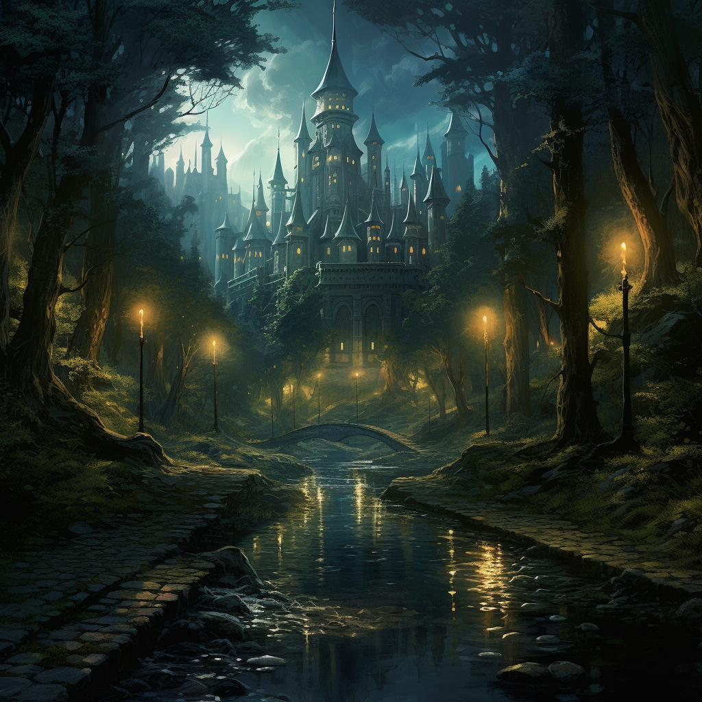 Ethereal deep forest scenery with castle